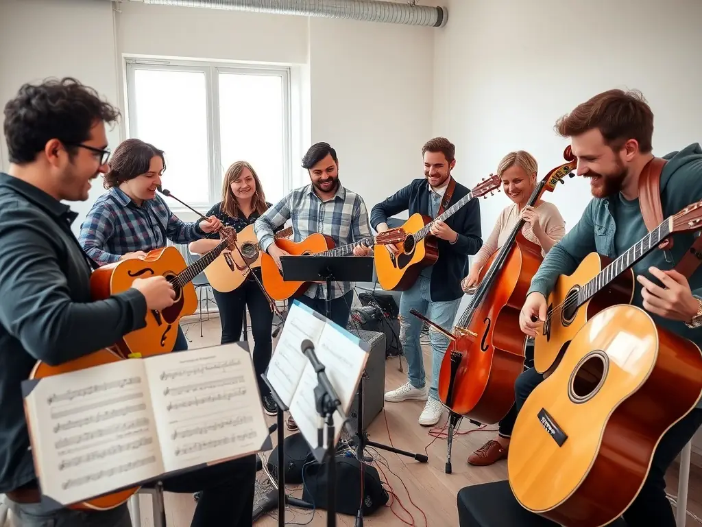 A vibrant image depicting a group of musicians collaborating during a collective exhibition, showcasing the energy and creativity of MG MUSIC's members.