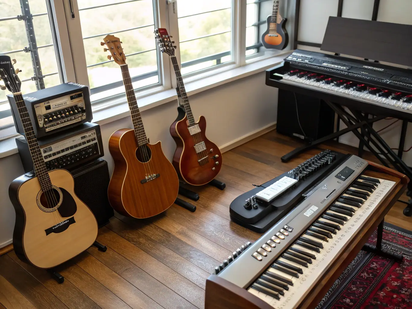 A vibrant photograph capturing a collective exhibition organized by MG MUSIC, showcasing various musical instruments and artwork created by its members.